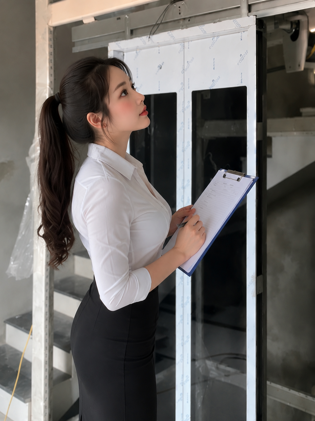 Nhân viên kỹ thuật kiểm tra thang máy đang lắp đặt và ghi chép trên bảng kẹp hồ sơ